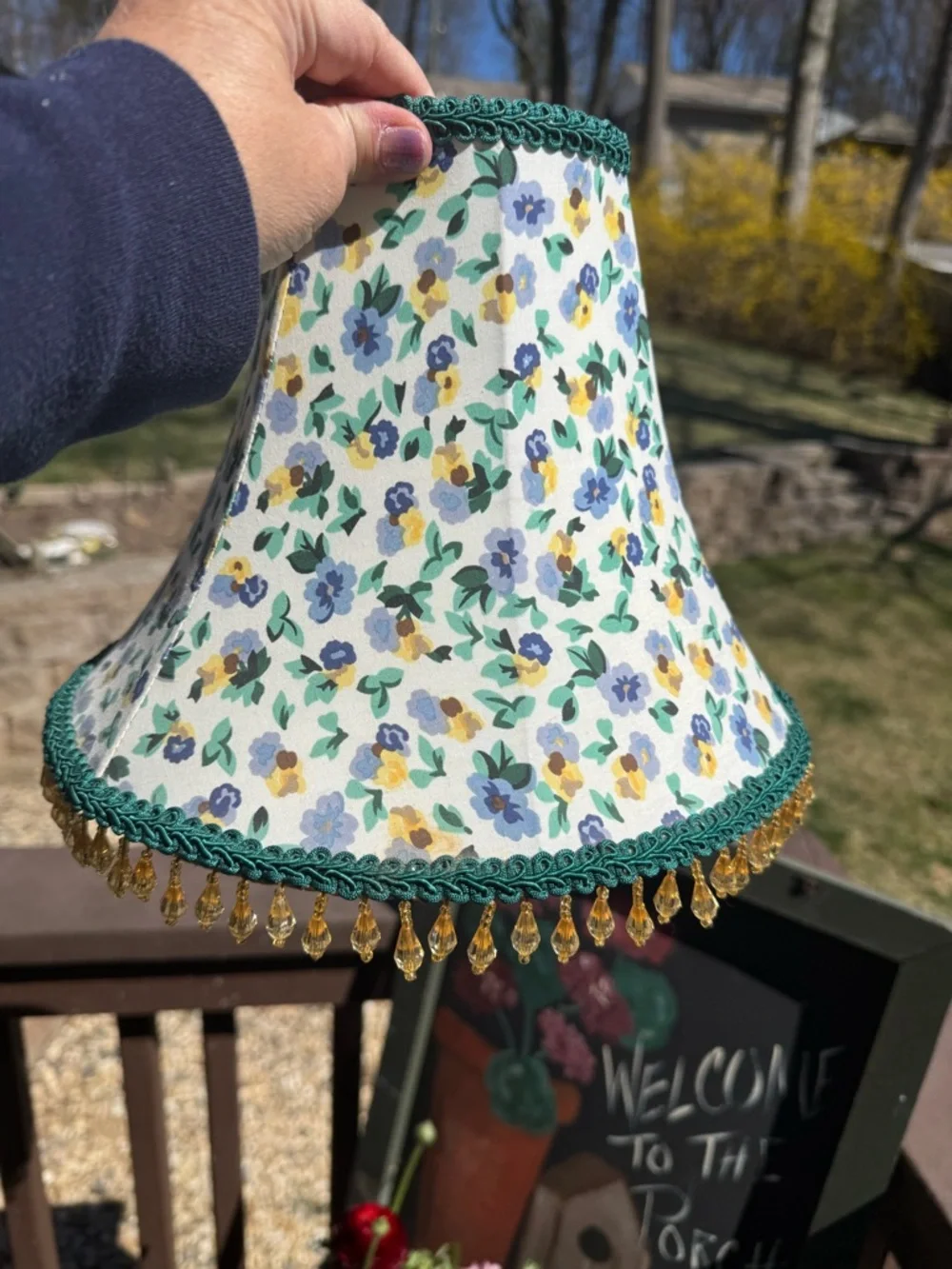 Laura Ashley Floral Fabric Lantern Lamp Shade with Green Trim and Amber Fringe